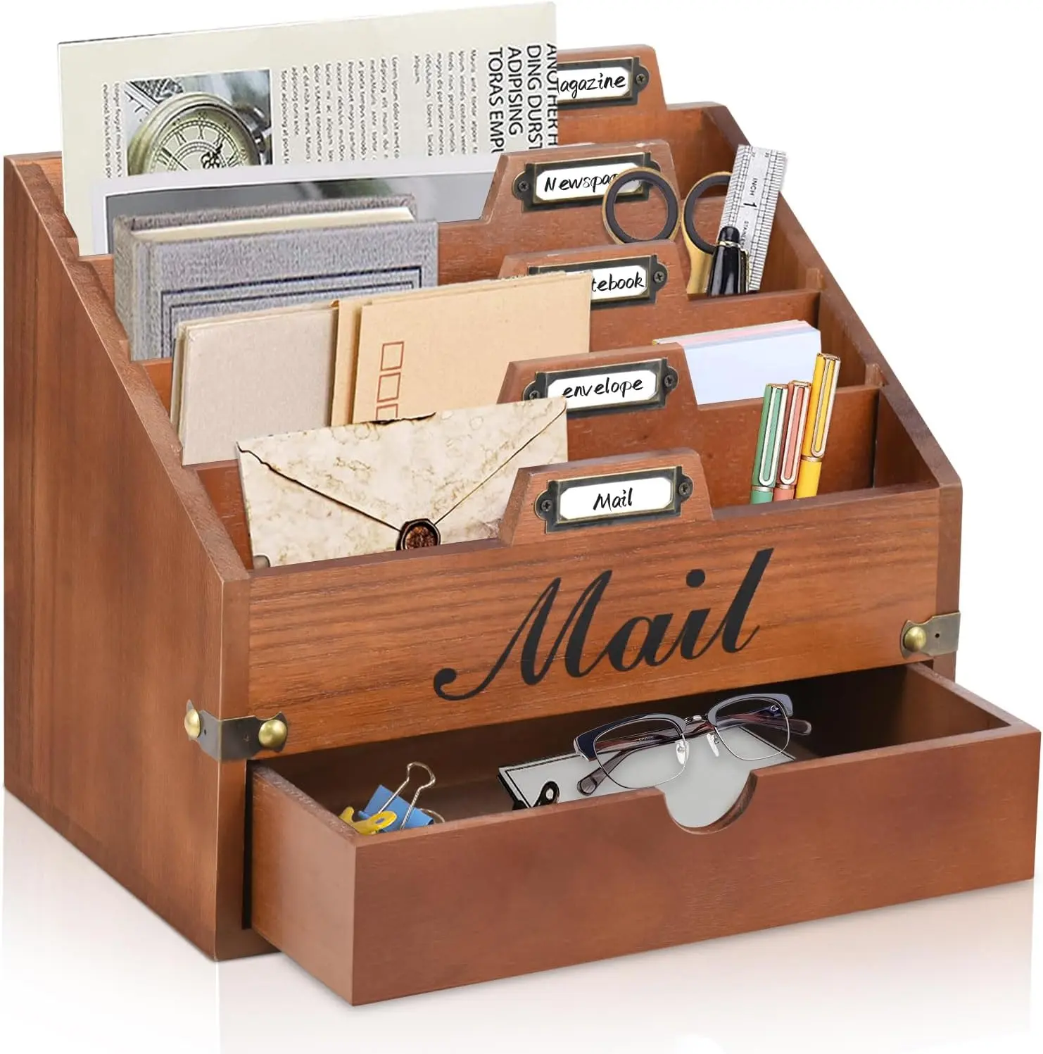 Wooden Mail Organizer with Drawer, Desktop Letter Sorter & Document Storage, Farmhouse Mail Holder for Home Office Countertop