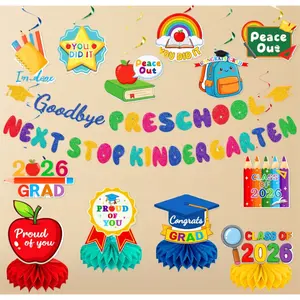 Class of 2026 preschool graduation party supplies next stop kindergarten banner hanging swirl centerpieces photo props for pre k classroom decoration
