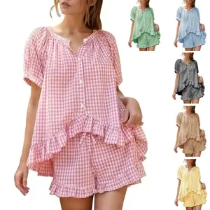 Women’s gingham short-sleeve pajama set, 2-piece cotton lounge set with puff sleeves and ruffle details; babydoll shirt and shorts; cute summer nightwear loungewear; cozy women’s clothing; blue/blue; cute.