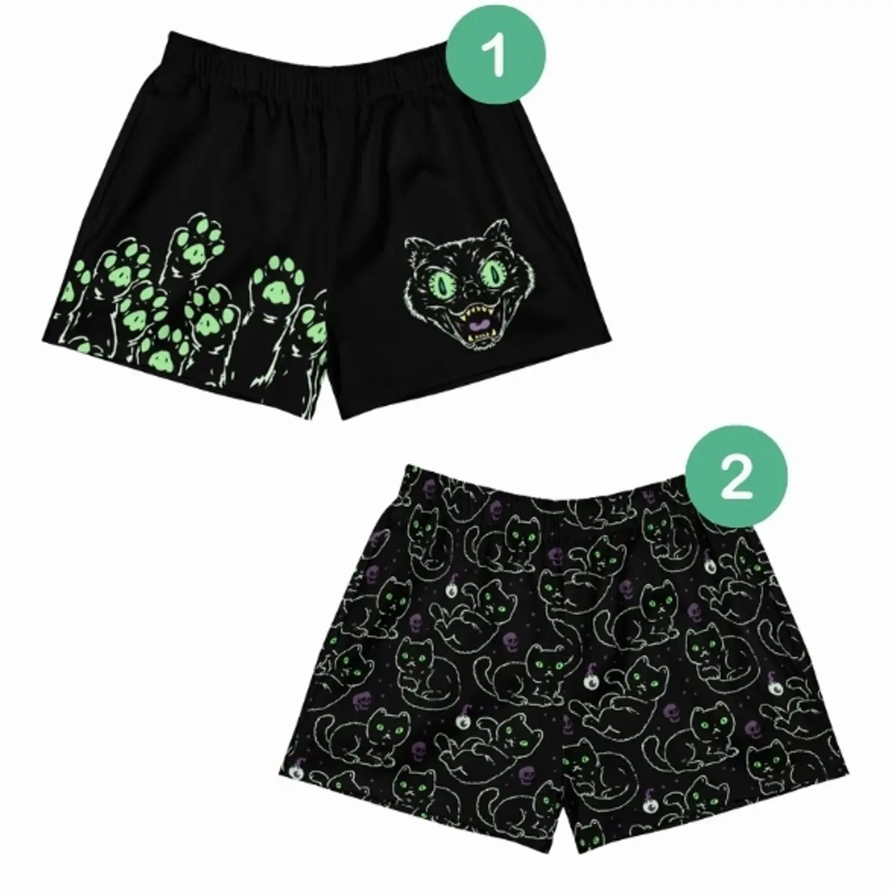 Spooky Black Cat Casual Shorts, Creepy Green Eye Kitty Athletic Bottoms, Goth Halloween Lounge Wear, Alt Witchy Aesthetic Clothing, Glowing Paw Print Sweatshorts, Gift for Halloween