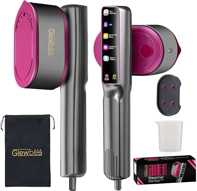Portable Travel Clothes Steamer - 1200W Power, Lightweight Port., 2-in-1 Compact Vertical/Horizontal Steam Iron, 10-Second Heat-Up, 350°F Large Ceramic Panel, Anti-Drip, Smart Fabric Recognition, 1-Swipe Wrinkle-Free, Black & Pink