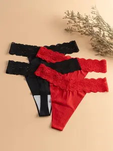 Elegant Floral Lace Cutout Thong Panties for Women, Womenswear, Striped Lightweight Breathable Seamless Undies Smooth Underwear, All Seasons, 4 Pack