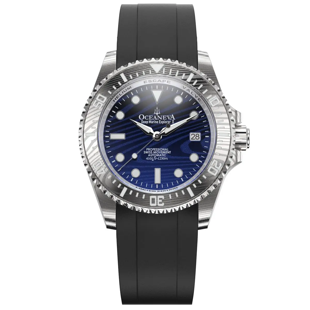 Oceaneva Men's Deep Marine Explorer II - 1250M Swiss Dive Watch with Blue Damascus Steel Dial & FKM Rubber Band
