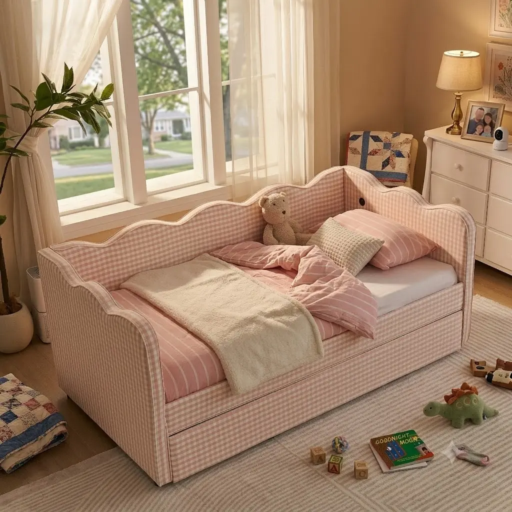 SAVEYOUR  Pink Wave Shaped Twin Daybed with Trundle, Gingham Linen Fabric Sofa Bed Frame with USB Port, Multi-Functional Day Bed, No Box Spring Required for Kids Room, Guest Bedroom