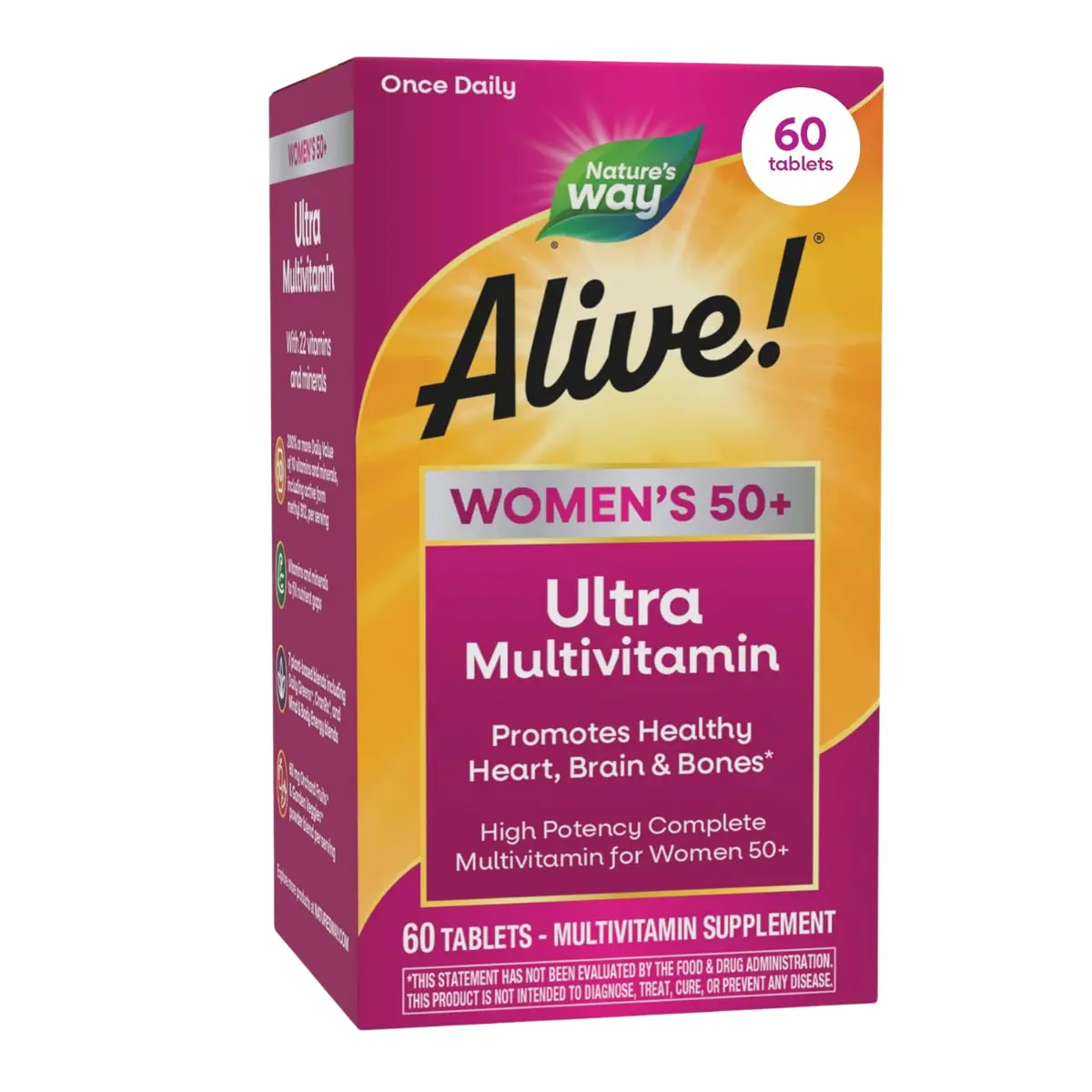 Nature's Way Alive! Ultra Potency Multivitamin for Women 50 Plus, Complete High Potency Formula with Vitamin D3, C, E, Methylated B12, Supports, Heart, Brain, and Bone Health*, 60 Tablets