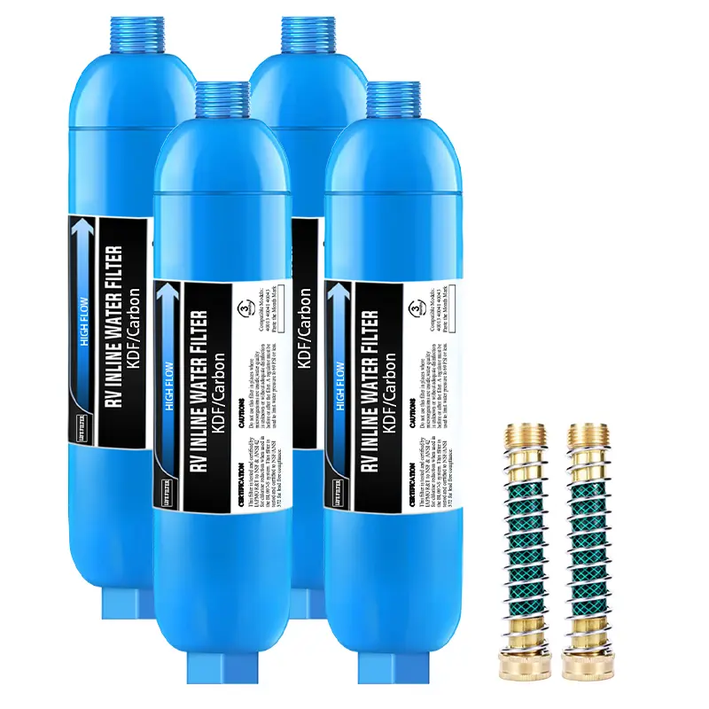 4Pcs RV Water Filters - Granular Activated Carbon & KDF Odor Free System with Hose Protectors, Accessories, No Magnets, No Battery, Direct Drinking Water for RVs, Reducing Lead, Fluoride, Chlorine, Odor Free Filter, Filter And Accessories