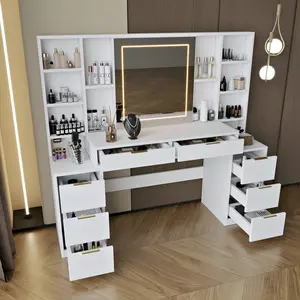 [FORMA GRAIN] 59" Makeup Vanity Desk with Mirror and Lights, Large Dressing Table with 8 Drawers and Open Storage Shelves for Bedroom, White