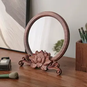 Vintage Wooden Round Dressing Table, Chinese Style Makeup Mirror, Ancient Wind Wedding Bedroom Solid Wood Mirror, Desktop Mirror, Home Decorative Mirror