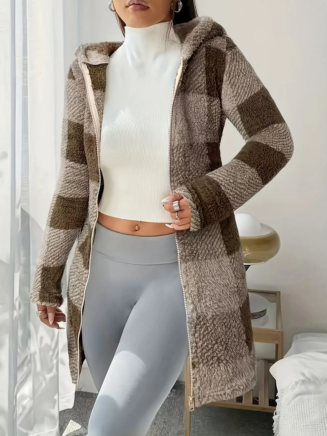 Women's Fall Winter Plaid Long Sleeve Zipper Hooded Jacket, Warm Casual Outerwear, Fashionable Hoodie Coat, Tops, Lady, Womenswear, Clothes, Essential
