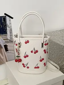 Fashion new retro women's bag cherry pendant bucket bag, commuting handbag simple casual crossbody shoulder bag
