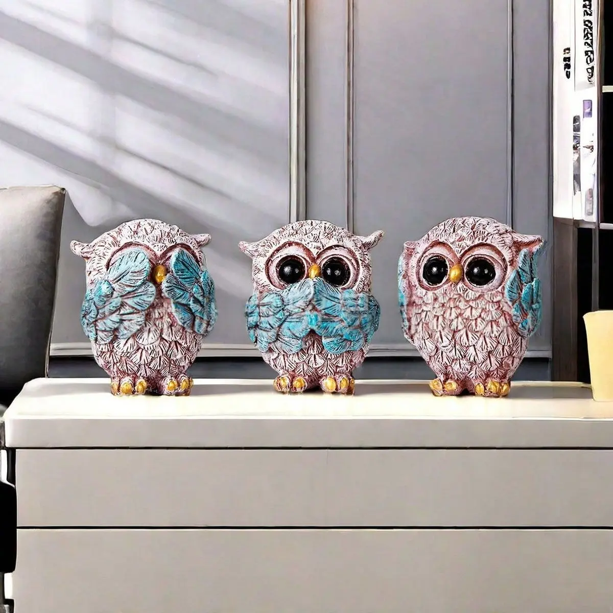3-Piece Resin Owl Craft Set, Home & Car Desk Decor, Decorative Home Ornament, Resin Sculptures, Perfect Birthday Gift, Unique Decoration Design, Office Accessories, Resin Ornament Set, Unique Ornaments