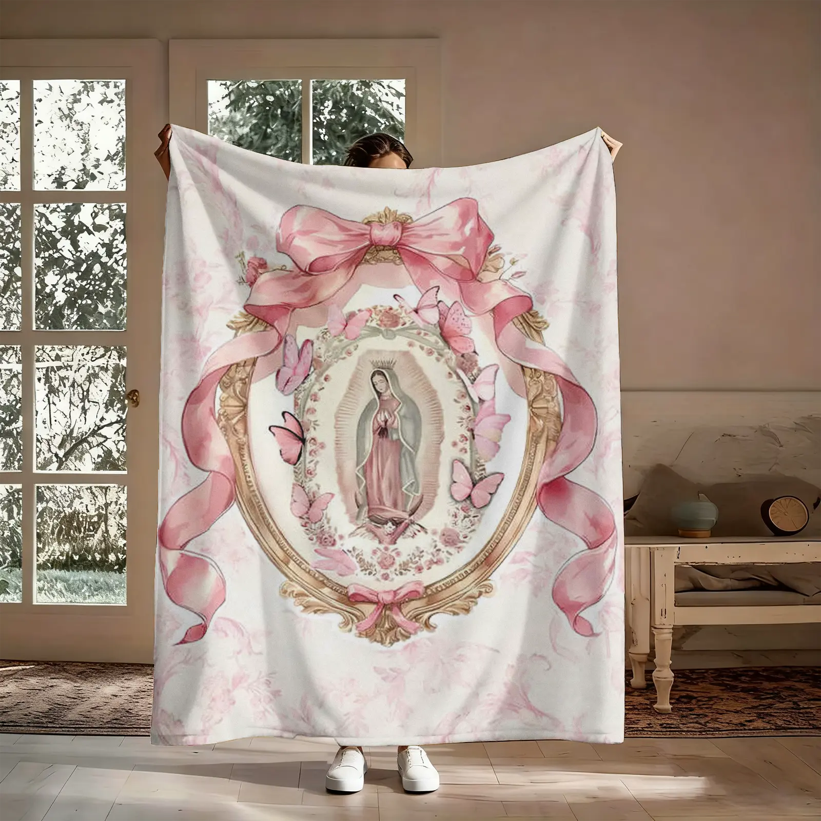 Our Lady of Guadalupe Pink Bow Frame Flannel Blanket - Super Soft, Warm, Wrinkle-Resistant, Multi-Size Throw with Colorful Print for Bed, Sofa - Ideal Blanket Gifts for Feminine Catholic Fans
