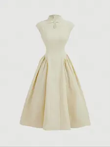 Women's Plain Mandarin Collar A Line Dress, Summer Clothes Women, Elegant Fashion Casual Zipper Back Long Dress for Daily Outdoor Wear, Women Dress for Summer, Casual Elegance Chic