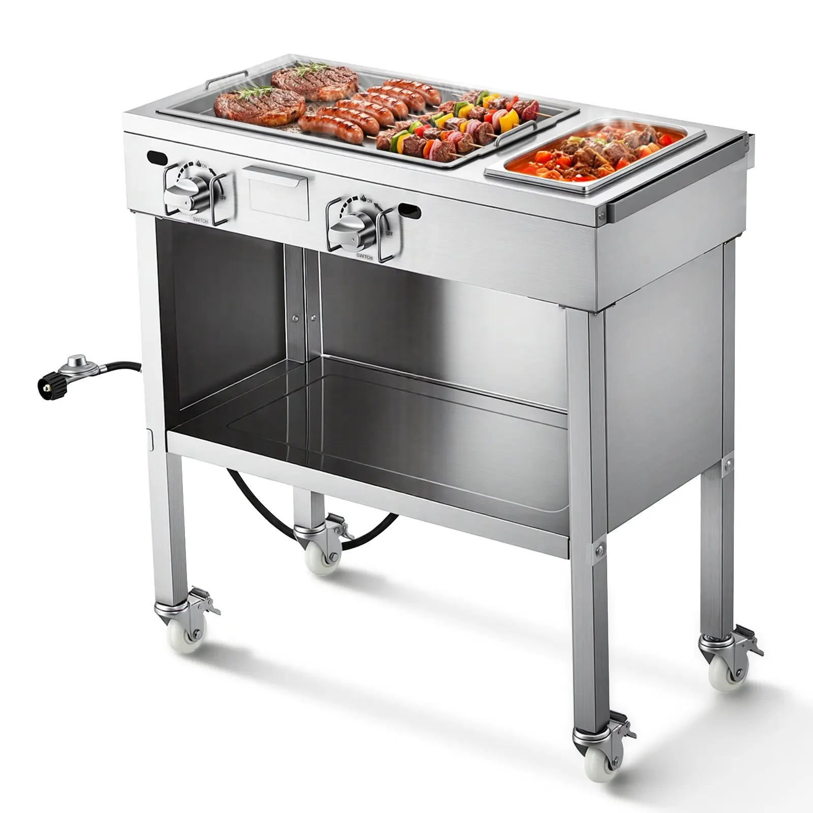 【DealsForYouDays】VEVOR Sturdy Outdoor Dual Burner Propane Griddle Cart, 2 x 11,600 BTU Burners, Commercial Stainless Steel Build, Large Area, 4 Lockable Wheels, 1/3 Food Pan, Easy-Grip Side Handle, Easy to Clean, Ideal for Burgers, Meats