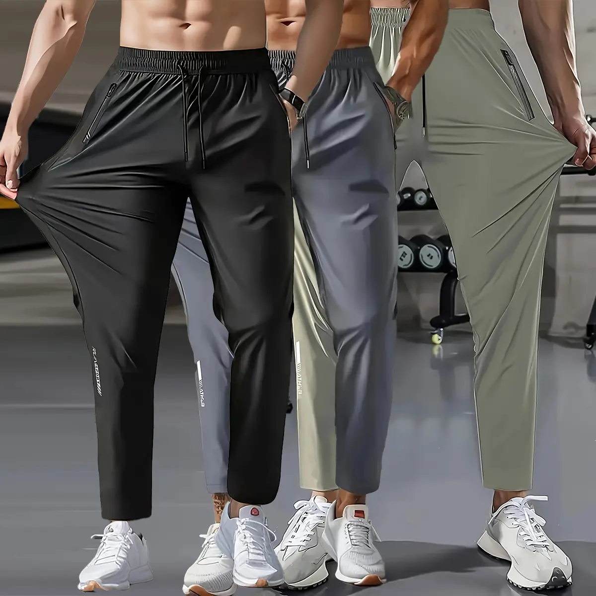 The 3-piece men's multi-color tapered pants series features elastic ankle straps and secure zipper storage design, perfectly suited for gym street style and daily casual wear Menswear Plain