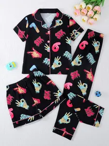 3-Piece Kids Pajama Set, Flame-Resistant Soft Fabric, Cartoon Print, Casual Loose Fit, Short Sleeve, All Seasons, Ages 8-12, Sleepwear Set
