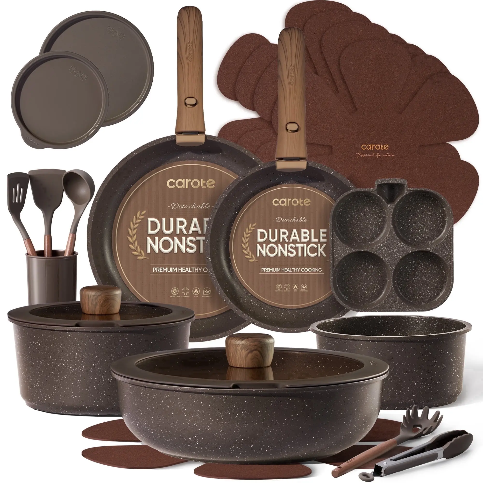 CAROTE 23-Piece Nonstick Pots and Pans, Granite Cookware Set with Detachable Handle, Induction Compatible, Oven & Dishwasher Safe, Brown