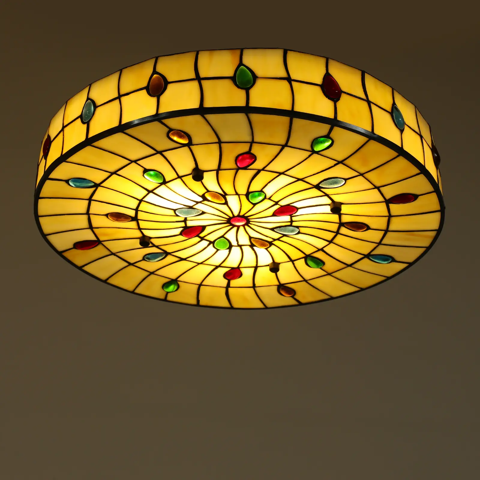 CNCEST Vintage Tiffany Ceiling Light Fixture, 16/18 in Handcut Stained Glass Flush Mount, Colorful Round Lampshade Art Decor, Unique Quality, Easy Installation, Versatile Use