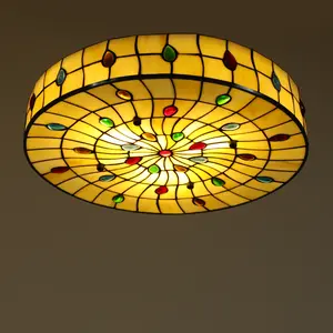 CNCEST Vintage Tiffany Ceiling Light Fixture 16/18 inch Hand-Made Stained Glass Flush Mount Lighting with Colorful Round Lampshade Art Decor Pretty Lights Handcrafted Easy Installation Unique Handcut Quality