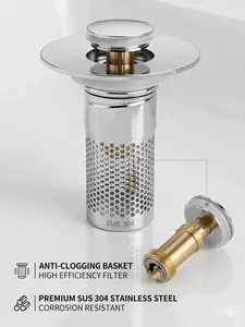Bathroom Sink Drain Strainer, Pop Up Sink Drain Filter with Removable Stainless Steel Filter Basket Hair Catcher, Bathroom Sink Drain Stopper, for Us Bathroom Sink Stopper Replacement