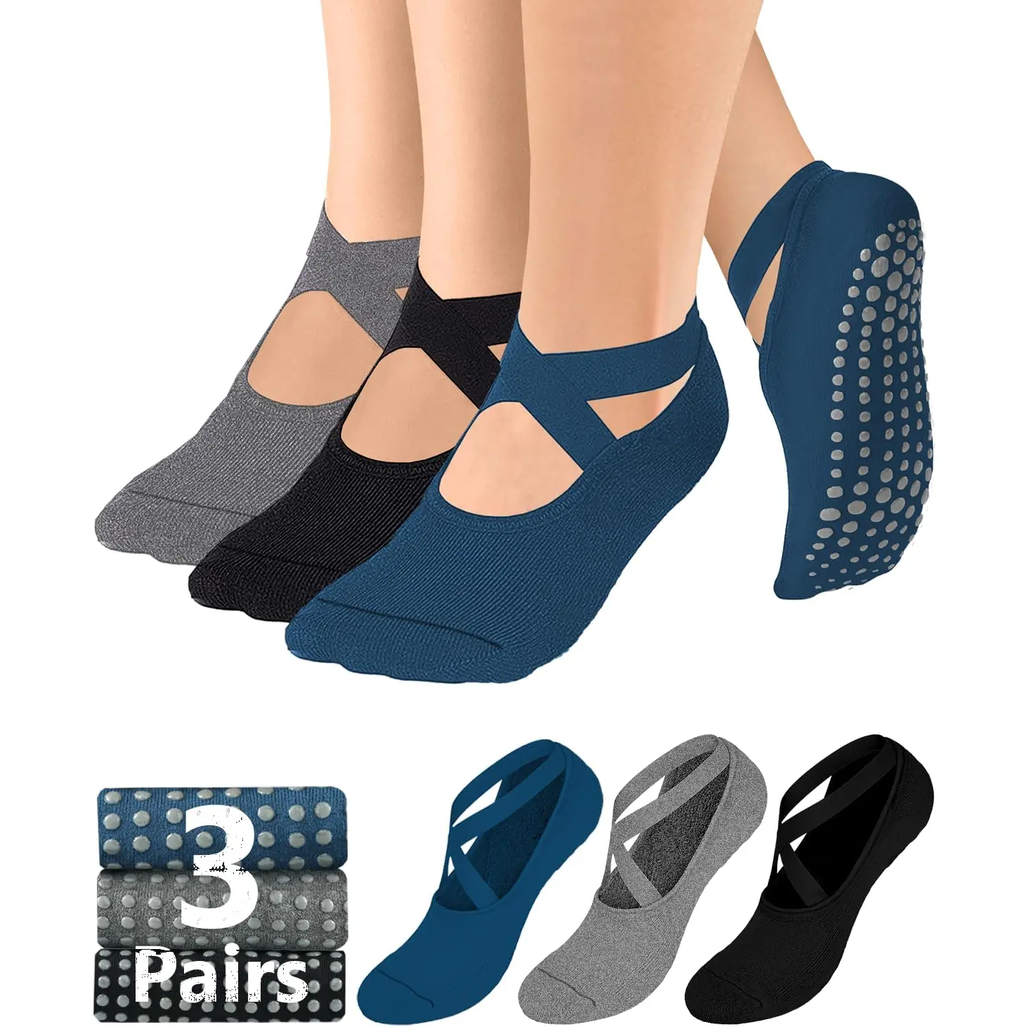 AURUZA Pilates Grip Socks for Women Non Slip Skid Yoga Socks with Grips Straps for Ballet Dance Workout Gripper Socks AURUZA