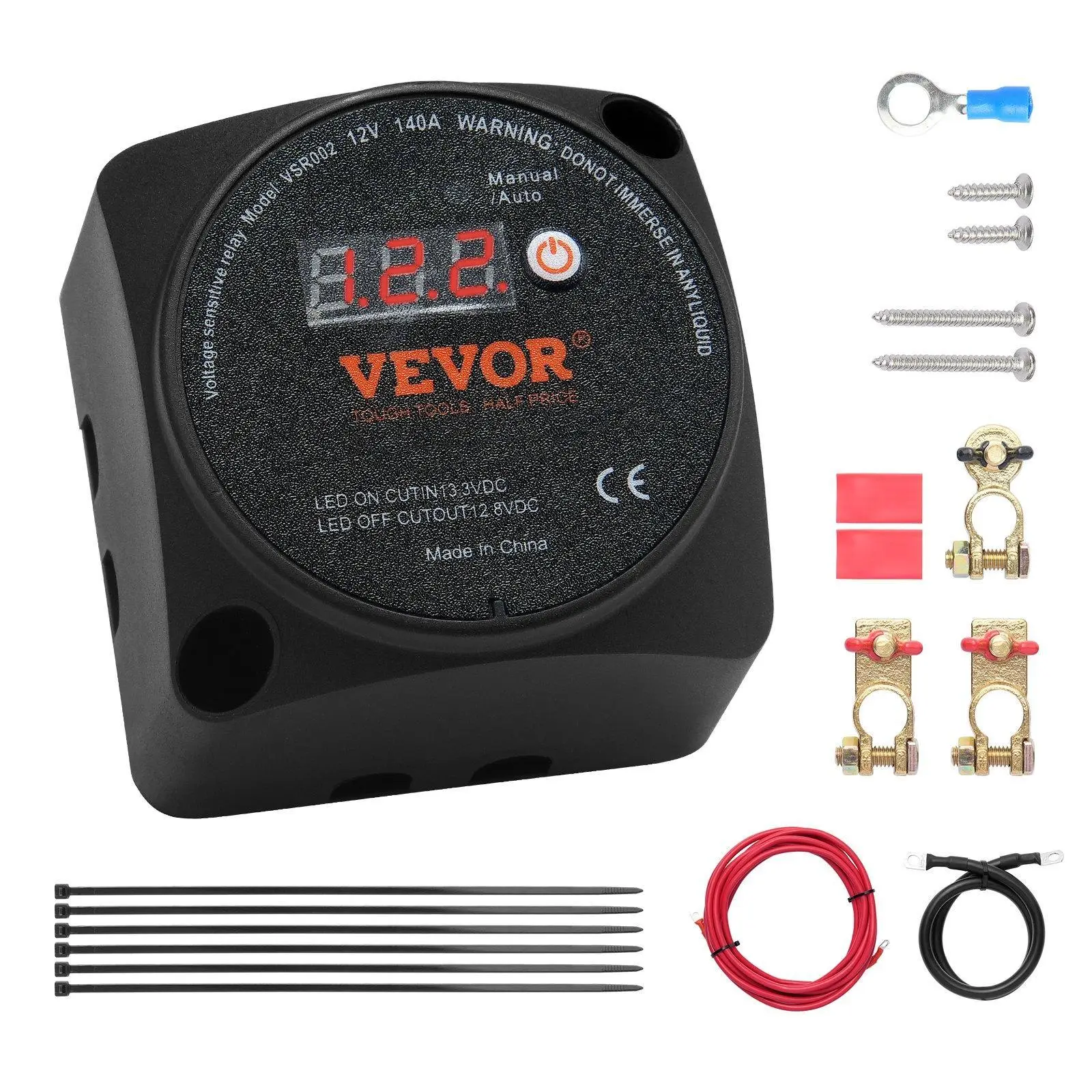 【Summerfinds】VEVOR 12V 140A Dual Battery Isolator Kit, Manual & Auto Mode VSR Voltage Sensitive Relay with LCD Screen, Includes Screw, Connection Cables, Heat Shrink Tubing, Positive & Negative Connections, Cable Ties for ATV, RV, Boat, Battery Connection