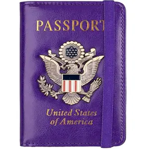 RFID Blocking Passport Holder for Women Men, Leather Passport Travel Wallet with Metal 3D Metal Badge, Travel Document Holder Cover Accessories (Purple)