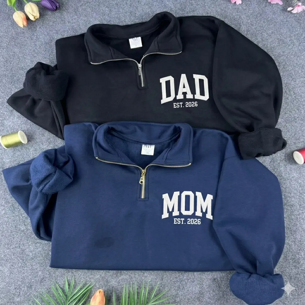 Mom-Dad Quarter Zip Embroidered Shirt, Mom to be, Gift for Mama, Wife Gift, Mother's Day Gift, New Mom Shirt, Custom Mom Est