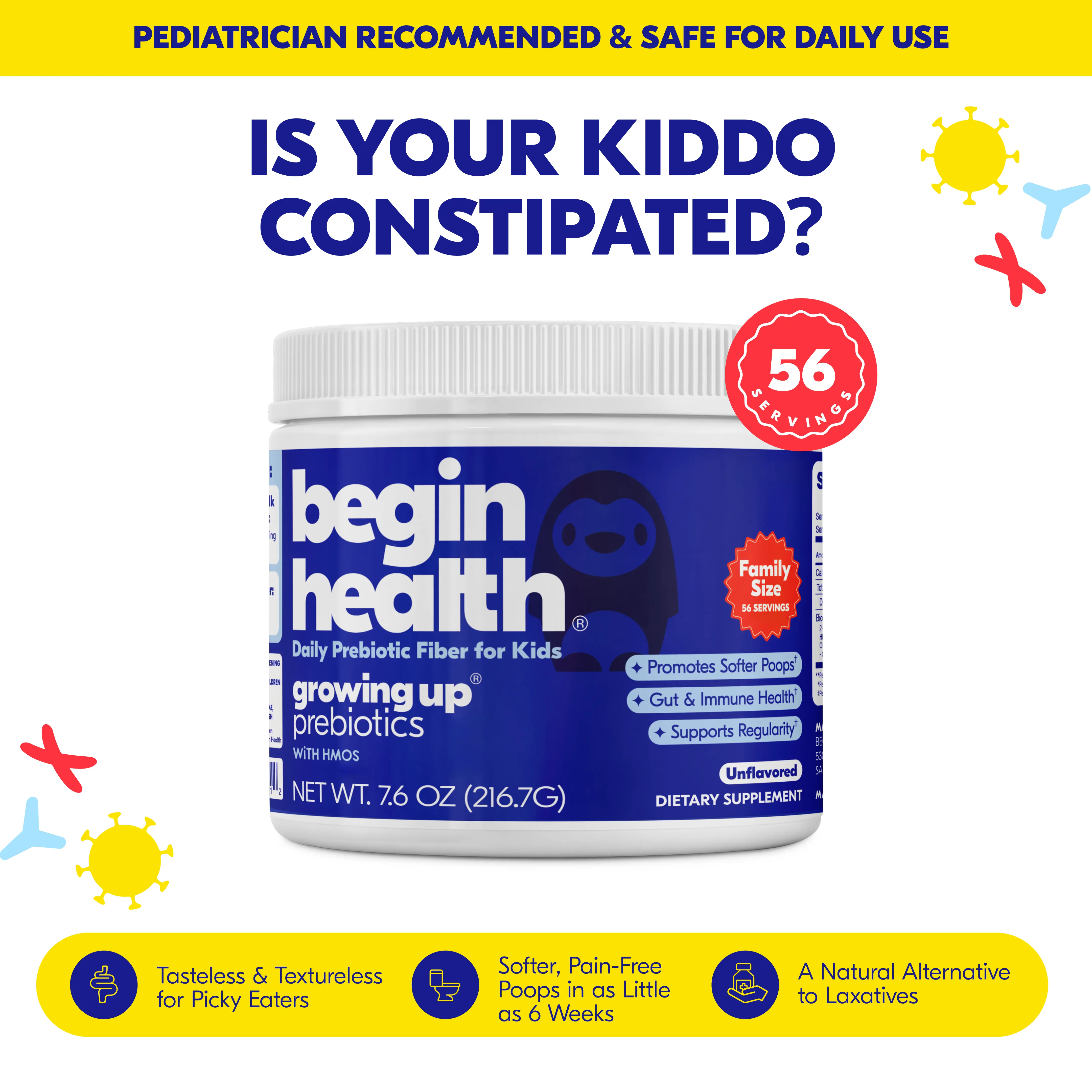 Begin Health Daily Growing Up Prebiotics for Kids Ages 4+ | Gut Health Support & Smooth Pooping | Unflavored, Strawberry Creamsicle, Banana Fudgesicle | Two Ingredients | 56 Servings