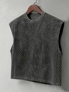 Men‘s Distressed Texture Crop Top, Vintage Print Casual Sleeveless Shirt with Adjustable Look, Ideal for 90s Grunge and Summer Streetwear