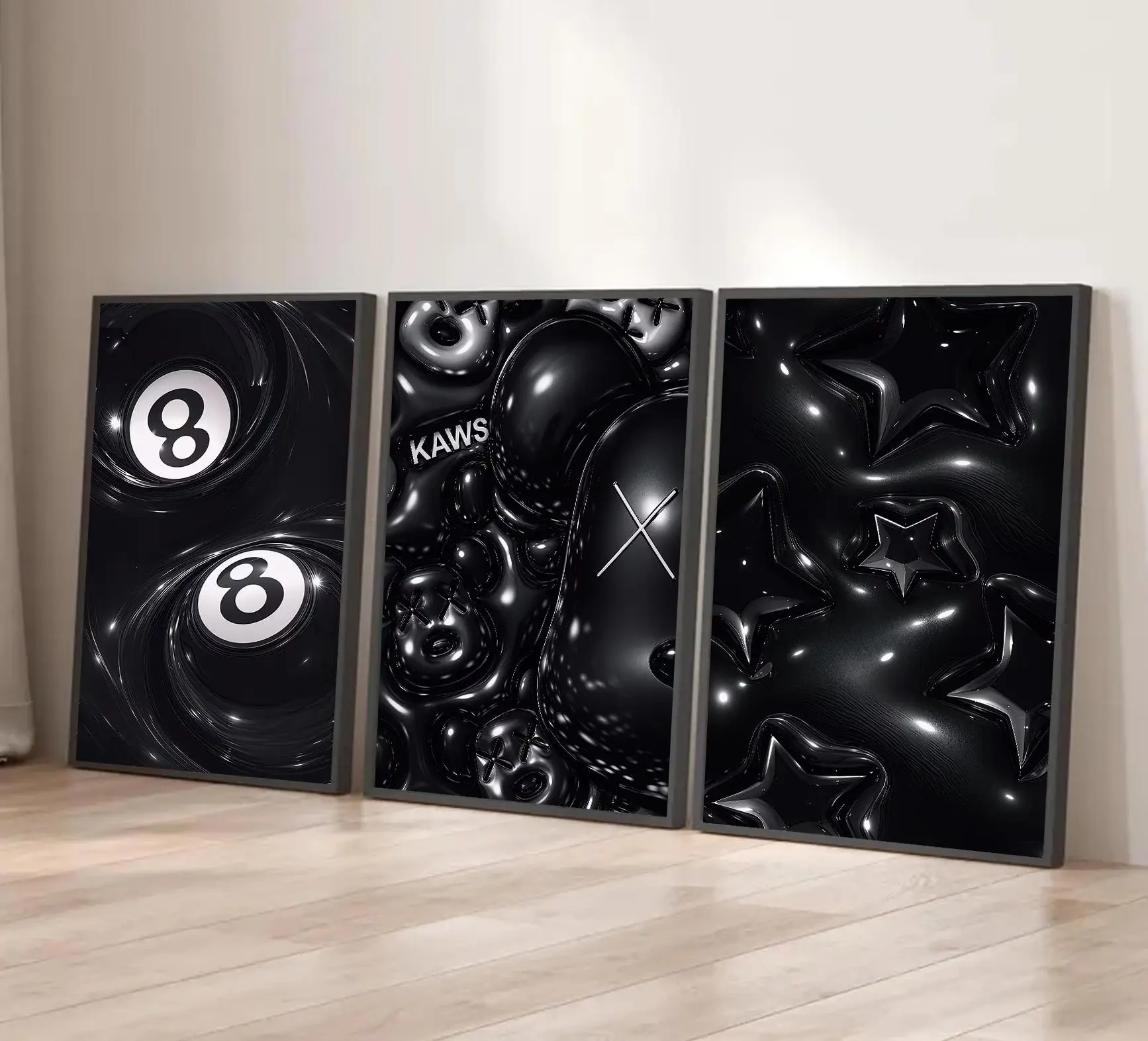 KAWS 8 Ball Star Black Street Graphic Artwork Set - 3-Piece Customizable Hypebeast Home Wall Decor Posters, Multi-Size 12-Pigment Ink System Street Home Supplies Prints