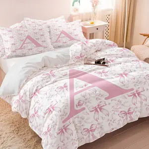 Girly Pink Bow Letter A Print Duvet Cover Set with Pillowcase Full Size Coquette Pink Watercolor Bow Bedding Set Soft Breathable Zipper Closure for Teen Girls Dorm Bedroom