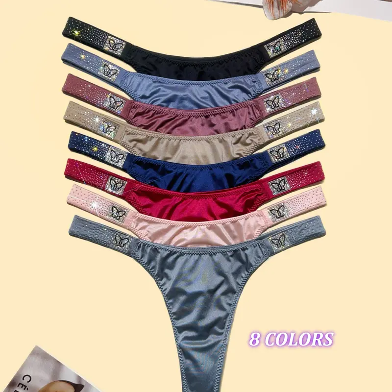 4 PACKS Thong with Rhinestone Meteor Side Straps – Elegant Satin G-String, Sparkling Bands (8 colours), hexagram & butterfly , soft,Nylon+Spandex+Cotton high quality and fresh underwear，panties,  made by Spandex and nylon, and four-season multi-pack