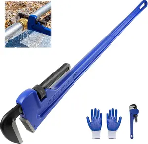 60 Inch Pipe Wrench, Jaw Opening Max 9", Adjustable Plumber Tool with Gloves and 8" Pipe Wrench, Carbon Steel Straight Handle Plumbing Wrench, for Mechanics, Plumbing, Construction, Blue