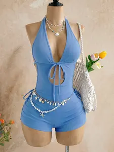 Women's Sexy Slim-Fitting Jumpsuit, Solid Color Backless Design, All-Season Wearable, Perfect for Beach Vacations & Casual