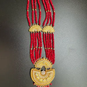 Rani Haar Long Mangalsutra Gold Plated with Red Beads and Decorative Design