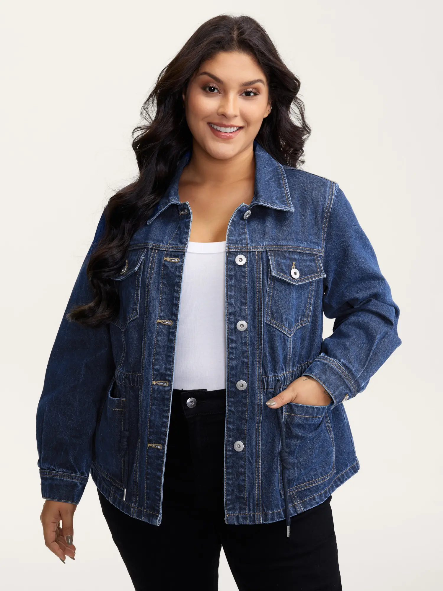 BloomChic Women's Collared Casual Fitted Denim Jacket - Button-Front Cotton Blend Fabric, Belted Drawstring Waist, Pockets, Low Iron, Hand Wash Only, Do Not Dry Clean, Basic Layering Top, SohoChic
