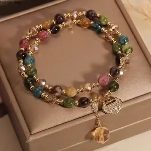 Premium Double-Strand Rainbow Tourmaline Beaded Bracelet,Wearing natural gemstones brings you energy and wealth.