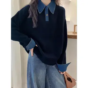 Women’s High-End Autumn/Winter New Korean Style Elegant Lapel Denim Patch Knitted Sweater – Loose Mock Two-Piece Design