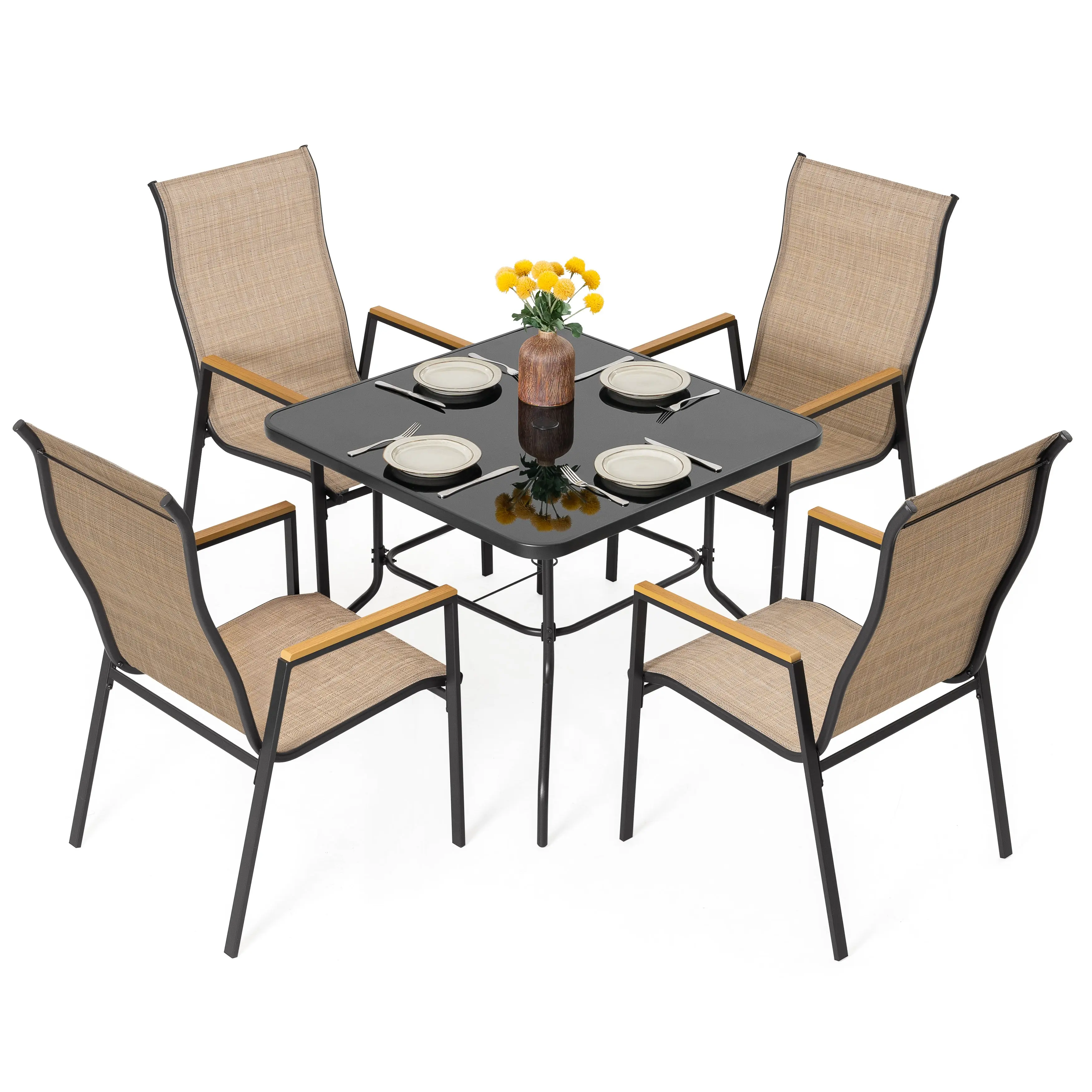 5PCS Patio Dining Set with Umbrella Hole, Textilene Stackable Chairs