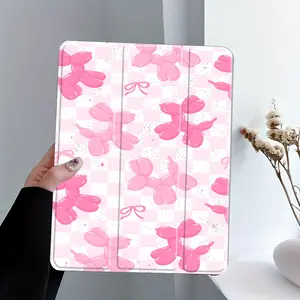 Coquette Aesthetic Pink Gingham Check Balloon Dog Print with Golden Glitter Accents |   Glossy Full Front Tablet Case for Pencil Holder, No Pen Included, Auto Wake Sleep