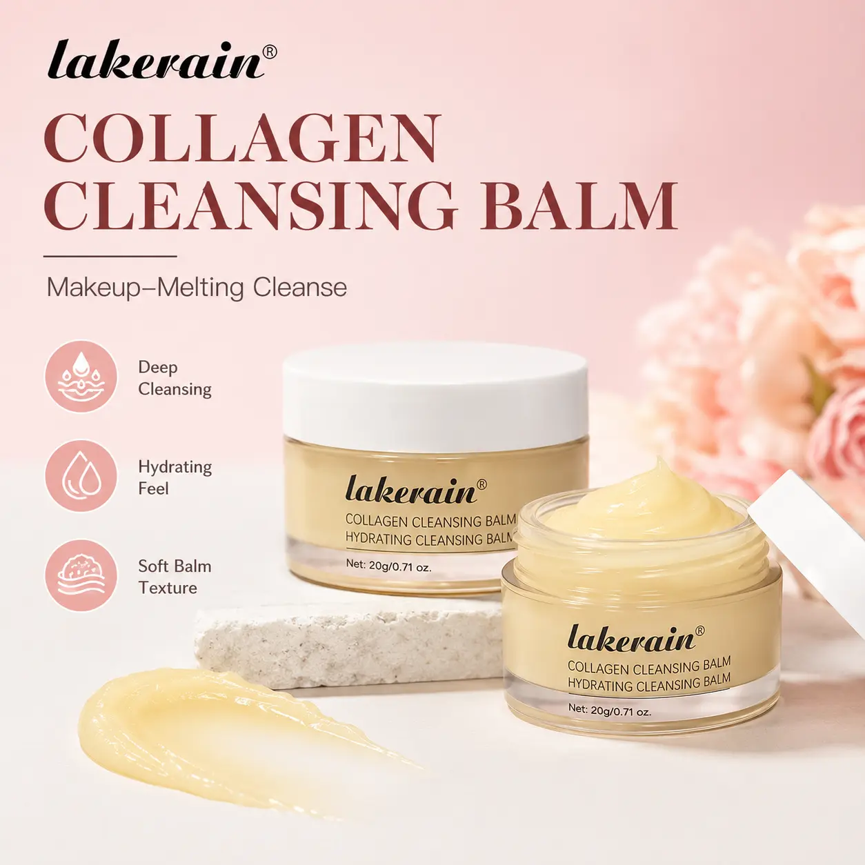 3 PCS Collagen Cleansing Balm Makeup Remover, Moisturizing Balm-to-Oil Face Cleanser for Eyes-Lips, Melts Makeup & Daily Grime, Delivers Soft Skin, Ideal for Double Cleansing, All Skin Types, 20g, Cosmetic, Moisturizer, Hydrating, Cream, Alcohol-Free