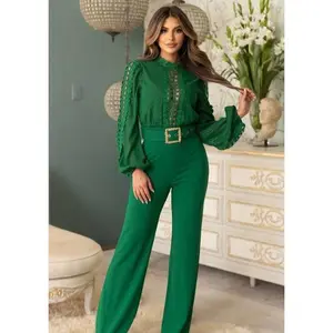 ROSAURA EMERALD GREEN CROCHET LACE JUMPSUIT – ELEGANT LONG-SLEEVE WIDE-LEG ONE-PIECE
