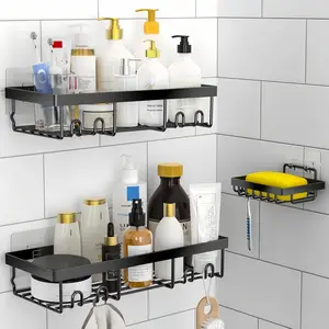 LMMAKE 3-Pack Shower Caddy Basket Shelf with Soap Holder, No Drilling Traceless Adhesive Shower Wall Shelves, Rustproof Black Bathroom Shower Storage Organizer corner bathroom storage organization