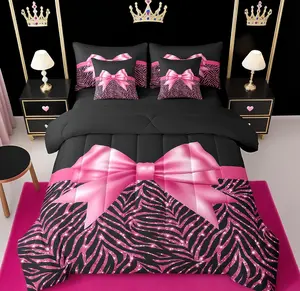 Feelyou 7-Piece Pink Bowknot Bedding Set - Glitter Print Comforter with Sheets, Black Silver Decorative Bedroom Bedding for Girls and Adults, Bedroom Bedding Set, Decorative Bedding Set