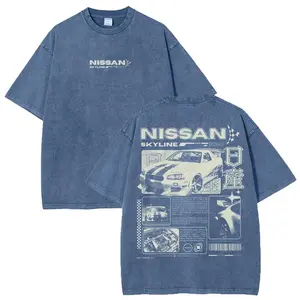 Vintage JDM Sports Car Graphic Washed Denim T-Shirt Skyline Men's Graphic Tees Streetwear Outfits Men Vacation Outfits Tshirt Men