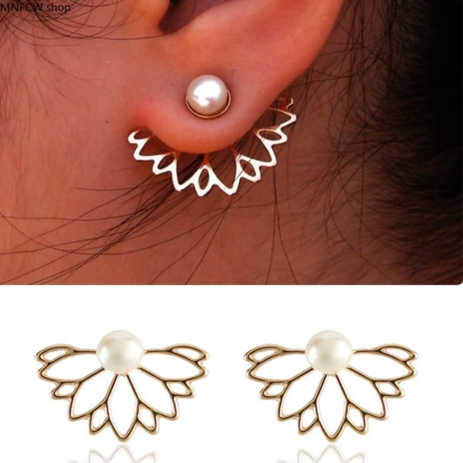 Women's Gold 3-in-1 Convertible Ear Jackets, Hypoallergenic Fashion Jewelry with Geometric Lotus Flower Design & Artificial Pearl, Female