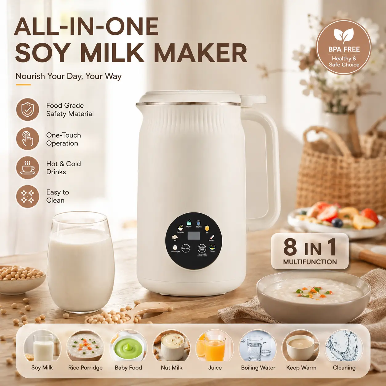 BOYUEVI-8-in-1 Nut Milk Maker Machine, 43oz Large Capacity Automatic Almond & Oat Milk Maker for Hot & Cold Drinks, Self-Cleaning Plant Milk Blender, Delay Start & Keep Warm, Quiet, Stainless Steel