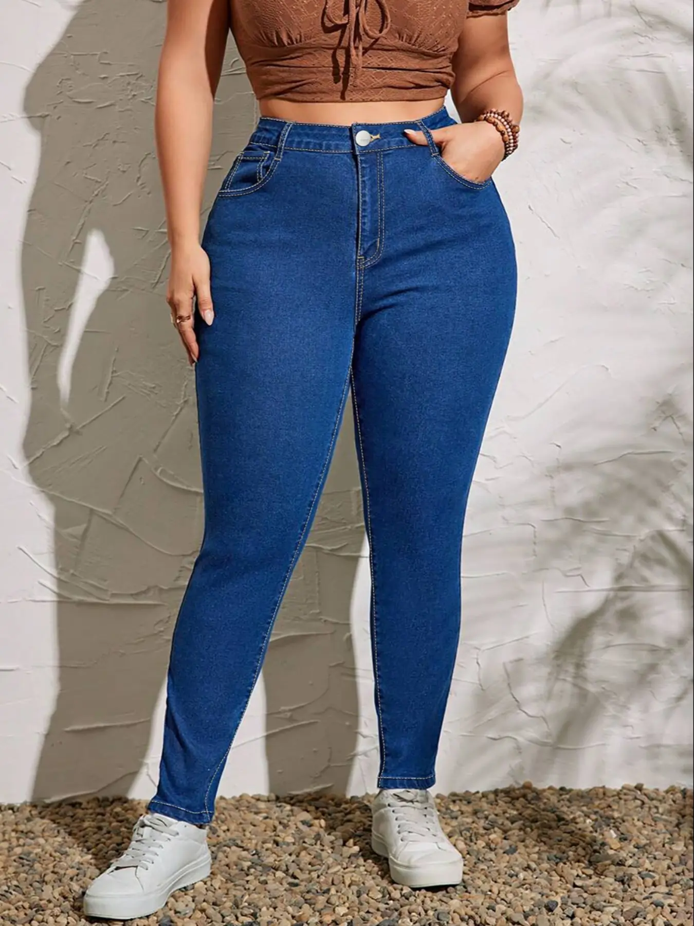 Women's Plus Size High Waisted Jeans, Stretchy Washed Denim Jeans, Slim Fit Skinny Leg, Casual Chic Basic All Season Wear, Button Fly Closure, Pocket, Pants, Bottom, Womenswear