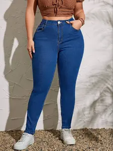 Women's Plus Size High Waisted Jeans, Stretchy Washed Denim Jeans, Slim Fit Skinny Leg, Casual Chic All Season Wear, Button Fly Closure, Pocket, Pants